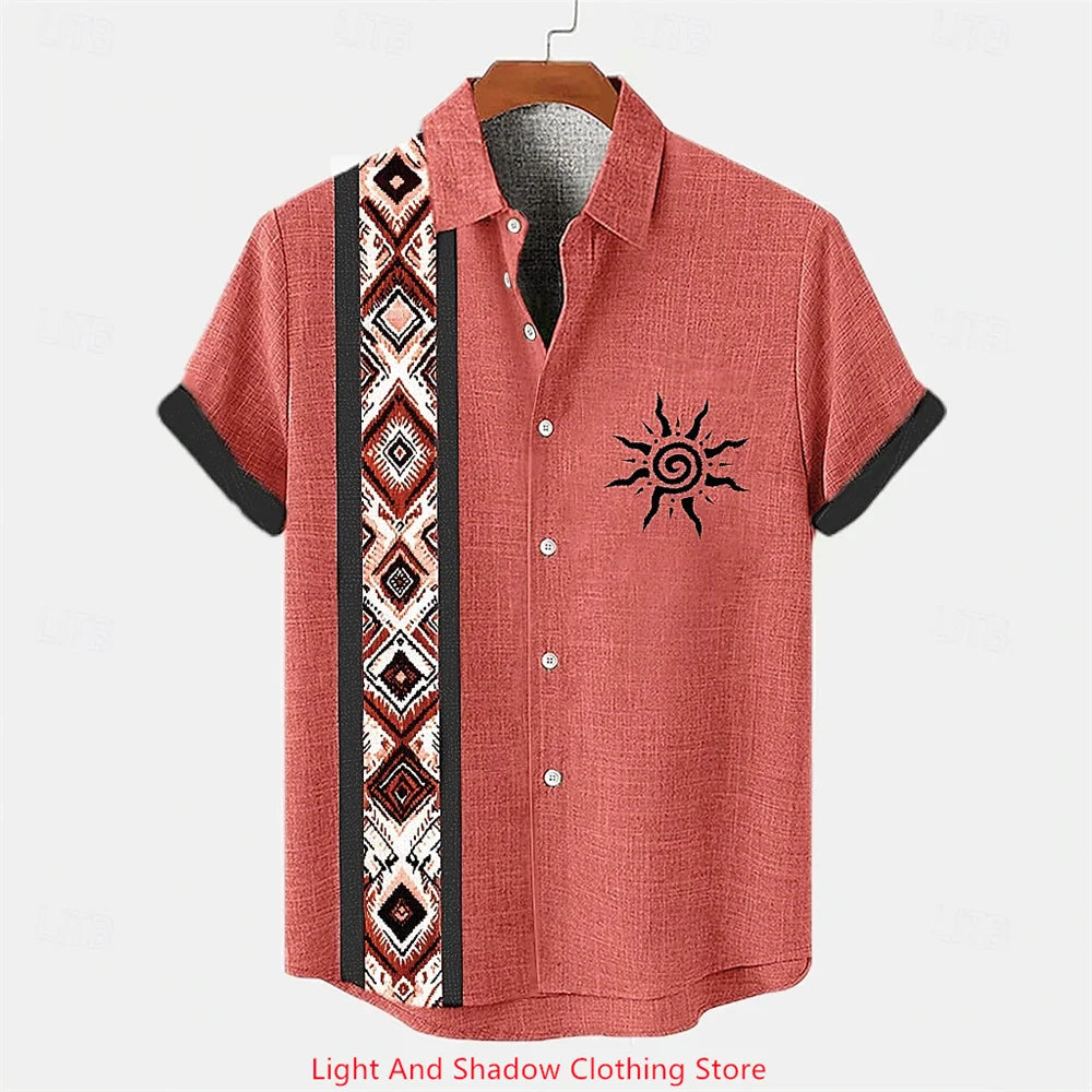 Men's ethnic clothing printed short sleeved shirt fashionable Hawaiian vacation party shirt bamboo hemp men's fashionable shirt