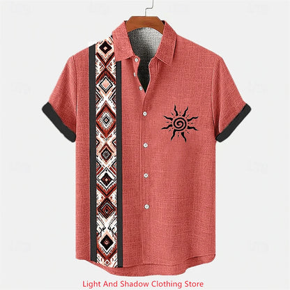 Men's ethnic clothing printed short sleeved shirt fashionable Hawaiian vacation party shirt bamboo hemp men's fashionable shirt