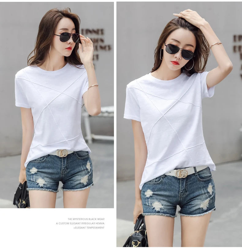 Fashion Spring Summer Slim Bamboo Cotton T-Shirts Women O-Neck Short Sleeve Korean Ribbed T Shirt Female Casual Solid Tops