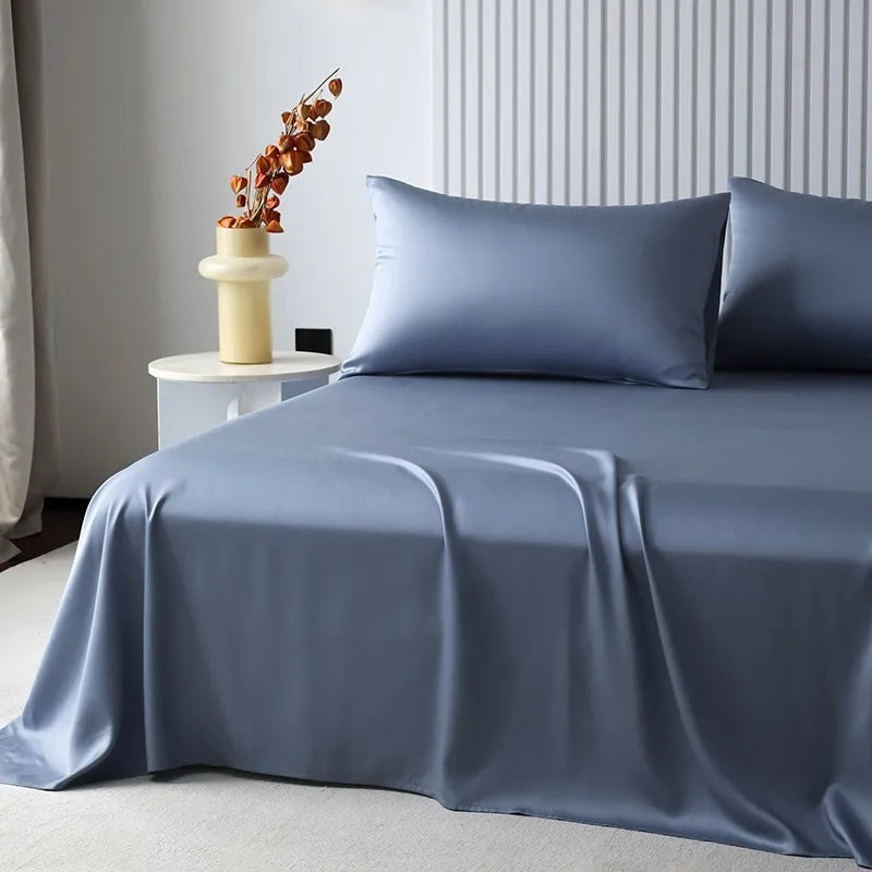 100%Organic Eucalyptus Plain Blue Flat Bed Sheets Lyocell Silky Soft Smooth Breathable Gentle to Skin Pillow shams