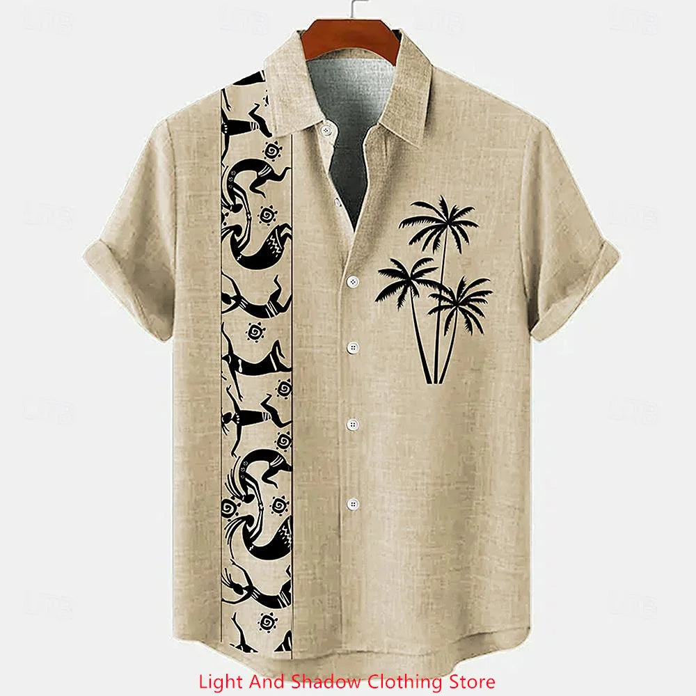 Men's ethnic clothing printed short sleeved shirt fashionable Hawaiian vacation party shirt bamboo hemp men's fashionable shirt