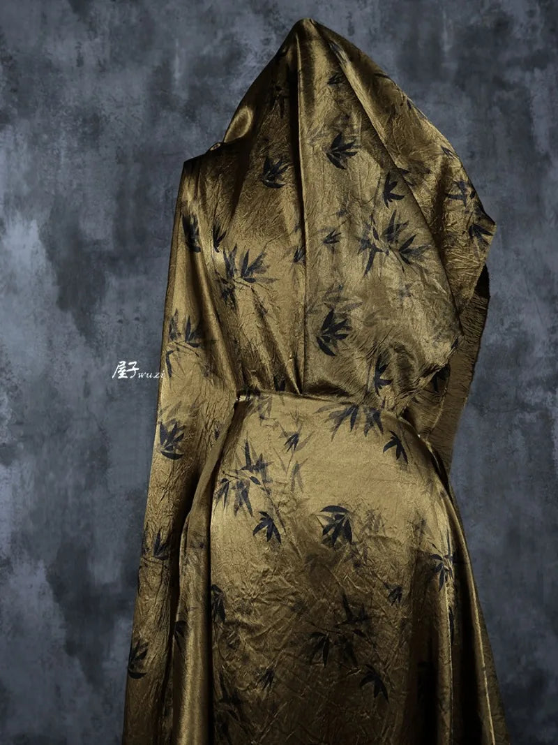 Bamboo Leaf Acetate Silk Printed Fabric New Chinese Fashion High Quality Vertical Womens Dresses Hanfu Pants DIY Design Cloth