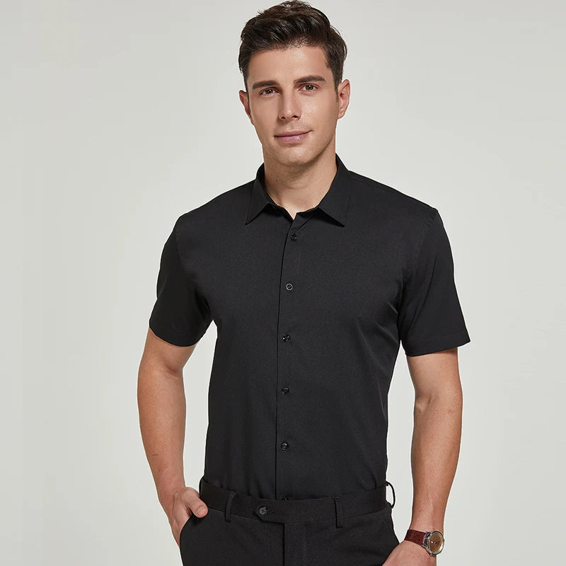 Bamboo Fiber Men Short Stretch Solid Dress Shirts Regular Fit Formal Business Social Camisas Short Sleeve Bamboo Fiber