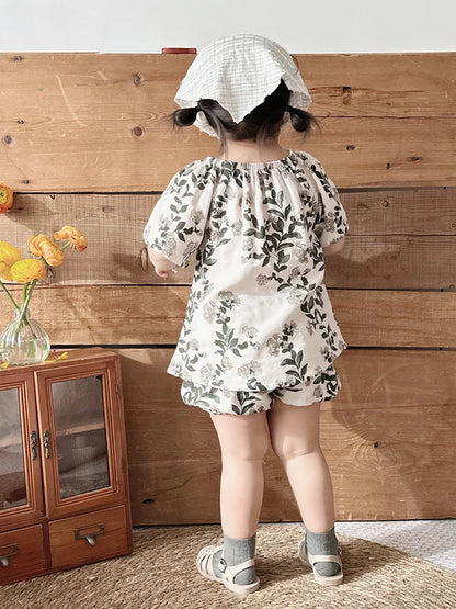 Summer Bamboo Cotton Breathable Kids Girls 2pcs Suit Full Print Cartoon Print T-shirt and Shorts Cool Girls Sets Clothing