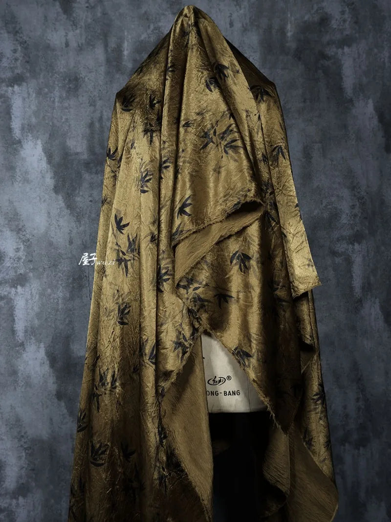 Bamboo Leaf Acetate Silk Printed Fabric New Chinese Fashion High Quality Vertical Womens Dresses Hanfu Pants DIY Design Cloth