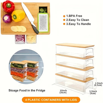 Kitchen Chopping Bamboo Cutting Board Set with Container & Vegetable Grater Drawer Style Multifunctional Household Kitchen Tools