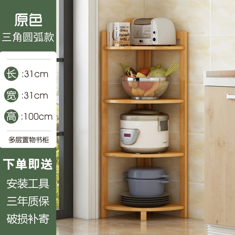 Kitchen Corner Bamboo Rack, Multi-Tier Storage Organizer, Freestanding Bookshelf for Cooking Utensils or Pantry Supplies