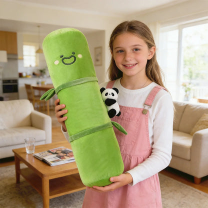 Green Style Long Pillow With Bear Ornament Cartoon Bamboo Shaped Bed Sofa Comfort Pillow Home Creatively Soft Bamboo Pillow