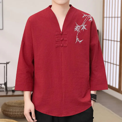 Men's Stylish Loose-Fit Bamboo Leaf Embroidered Zen Robe Traditional Chinese Kung Fu Meditation Breathable Elegant Clothing