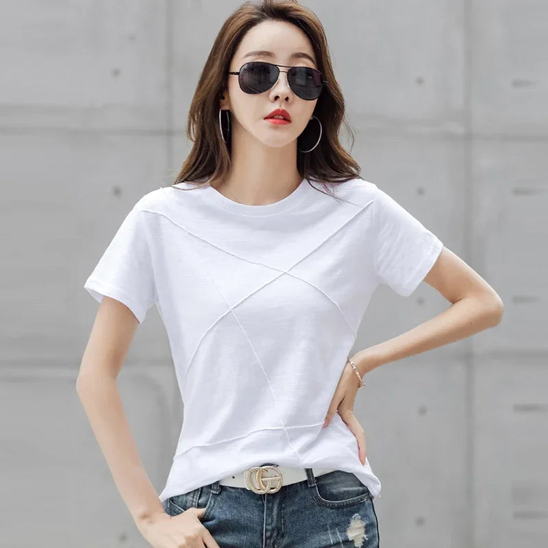 Fashion Spring Summer Slim Bamboo Cotton T-Shirts Women O-Neck Short Sleeve Korean Ribbed T Shirt Female Casual Solid Tops