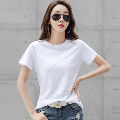 Fashion Spring Summer Slim Bamboo Cotton T-Shirts Women O-Neck Short Sleeve Korean Ribbed T Shirt Female Casual Solid Tops