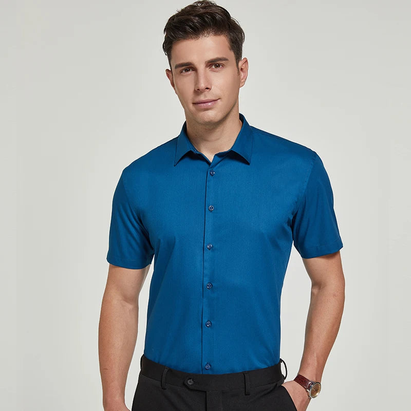 Bamboo Fiber Men Short Stretch Solid Dress Shirts Regular Fit Formal Business Social Camisas Short Sleeve Bamboo Fiber