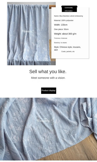 Blue bamboo forest, velvet embossed polyester jacquard cloth, pleated relief Chinese style cheongsam clothing designer fabric