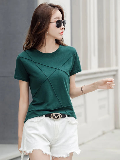 Fashion Spring Summer Slim Bamboo Cotton T-Shirts Women O-Neck Short Sleeve Korean Ribbed T Shirt Female Casual Solid Tops
