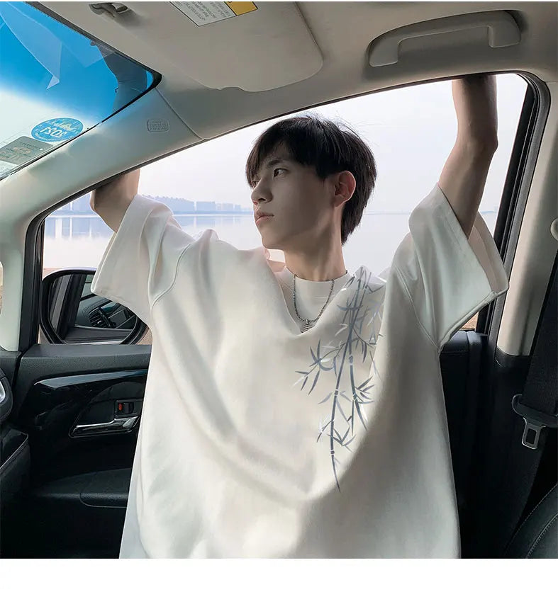 Men's Oversized Bamboo T-shirt Loose Printed Tops Cotton Tshirts Breathable Casual Short Sleeve Tees Streetwear Men Clothing