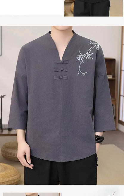 Men's Stylish Loose-Fit Bamboo Leaf Embroidered Zen Robe Traditional Chinese Kung Fu Meditation Breathable Elegant Clothing