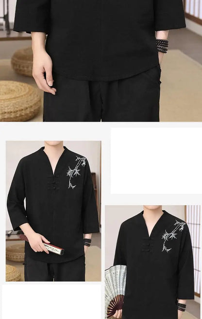 Men's Stylish Loose-Fit Bamboo Leaf Embroidered Zen Robe Traditional Chinese Kung Fu Meditation Breathable Elegant Clothing
