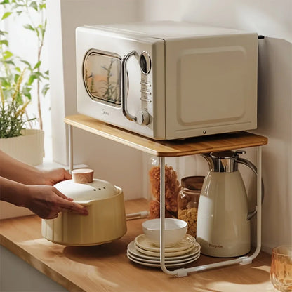 Bamboo Microwave Storage Rack Adjustable Kitchen Table Oven Cooker Organizer Shelf 1 Layer Household Desk Spice Condiment Holder