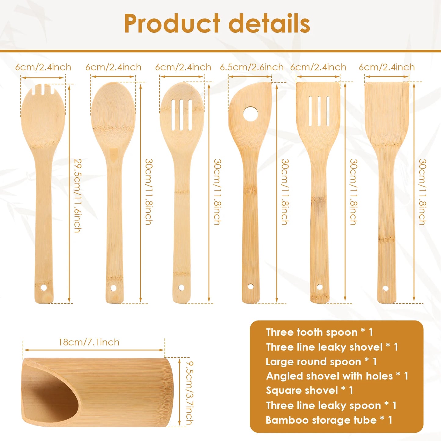 Bamboo Cooking Utensil Set Include Triple Toothed/Round/Slotted Spoon and Slotted/Square/Slanted Spatula with Organizer Bucket