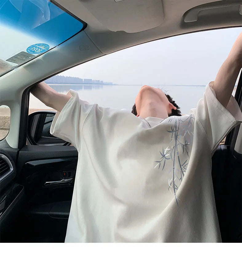 Men's Oversized Bamboo T-shirt Loose Printed Tops Cotton Tshirts Breathable Casual Short Sleeve Tees Streetwear Men Clothing