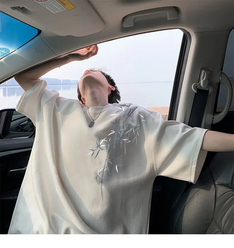 Men's Oversized Bamboo T-shirt Loose Printed Tops Cotton Tshirts Breathable Casual Short Sleeve Tees Streetwear Men Clothing