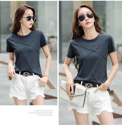 Fashion Spring Summer Slim Bamboo Cotton T-Shirts Women O-Neck Short Sleeve Korean Ribbed T Shirt Female Casual Solid Tops