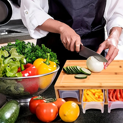 Kitchen Chopping Bamboo Cutting Board Set with Container & Vegetable Grater Drawer Style Multifunctional Household Kitchen Tools