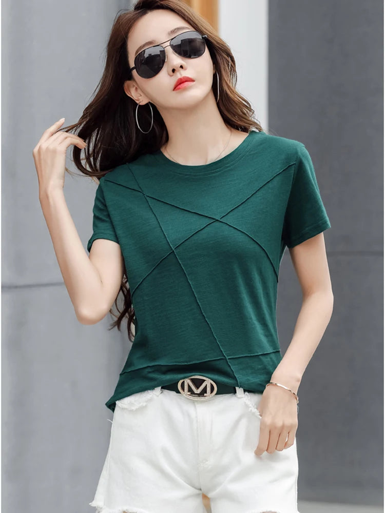 Fashion Spring Summer Slim Bamboo Cotton T-Shirts Women O-Neck Short Sleeve Korean Ribbed T Shirt Female Casual Solid Tops