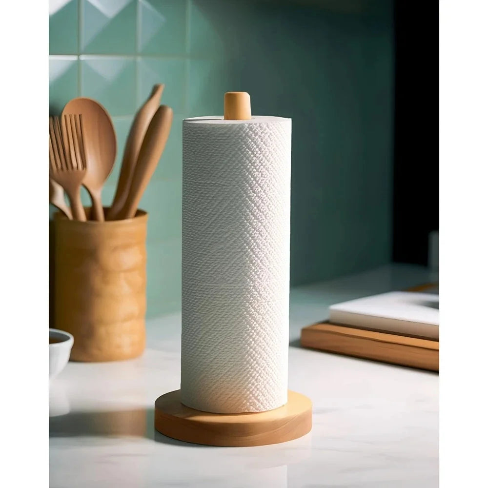 Bamboo Paper Towel Holder Wooden Dispenser Round Countertop Stand Kitchen Bathroom Organization Jewelry Accessories Storage Rack