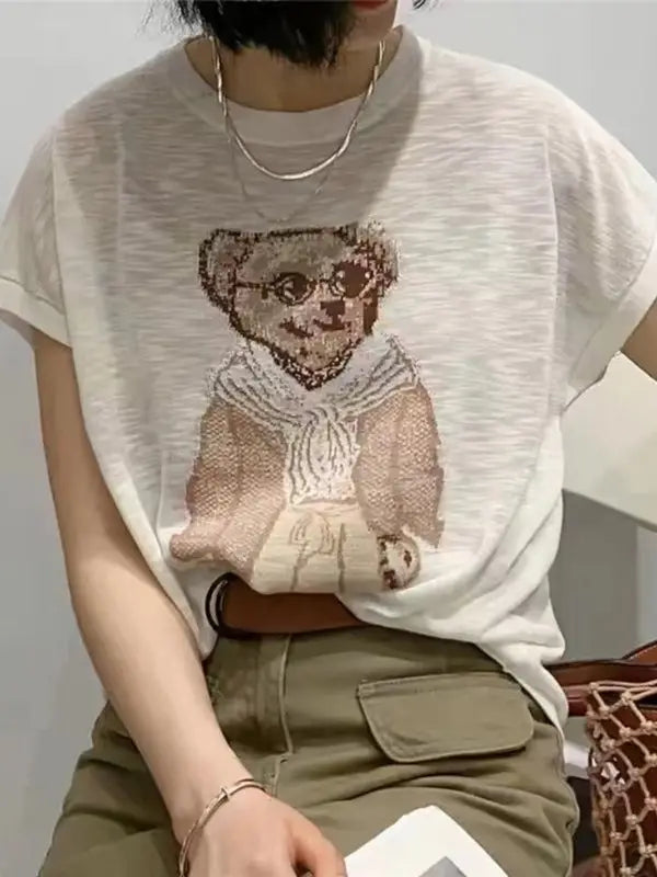 Bamboo Cotton Thin Loose and Versatile Short-sleeved Women 2024 New T-shirt Popular Summer Style Top