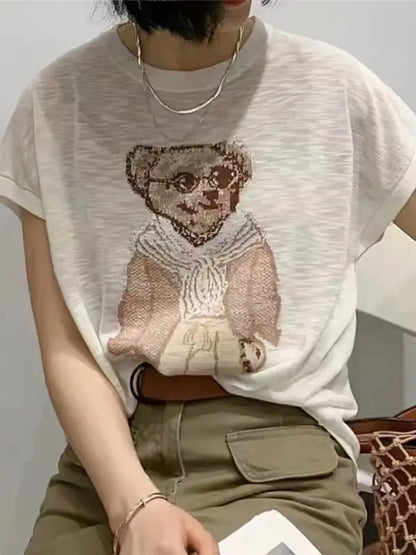 Bamboo Cotton Thin Loose and Versatile Short-sleeved Women 2024 New T-shirt Popular Summer Style Top