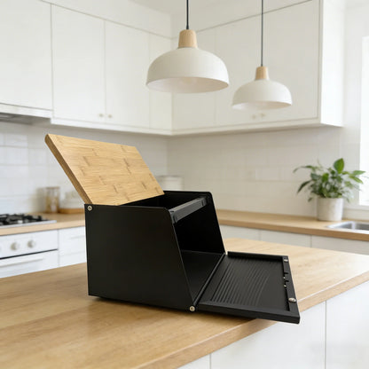 Bamboo lid, metal body, double door trapezoidal kitchen bread box, kitchen storage box (black, white)