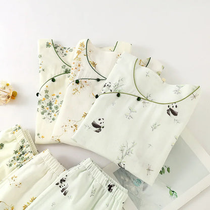 2025 Bamboo Cotton Gauze Pajamas Women's Chinese Retro Style Round Neck Loungewear Thin Nine-quarter Sleeve Loose Home Clothes