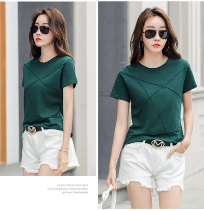 Fashion Spring Summer Slim Bamboo Cotton T-Shirts Women O-Neck Short Sleeve Korean Ribbed T Shirt Female Casual Solid Tops