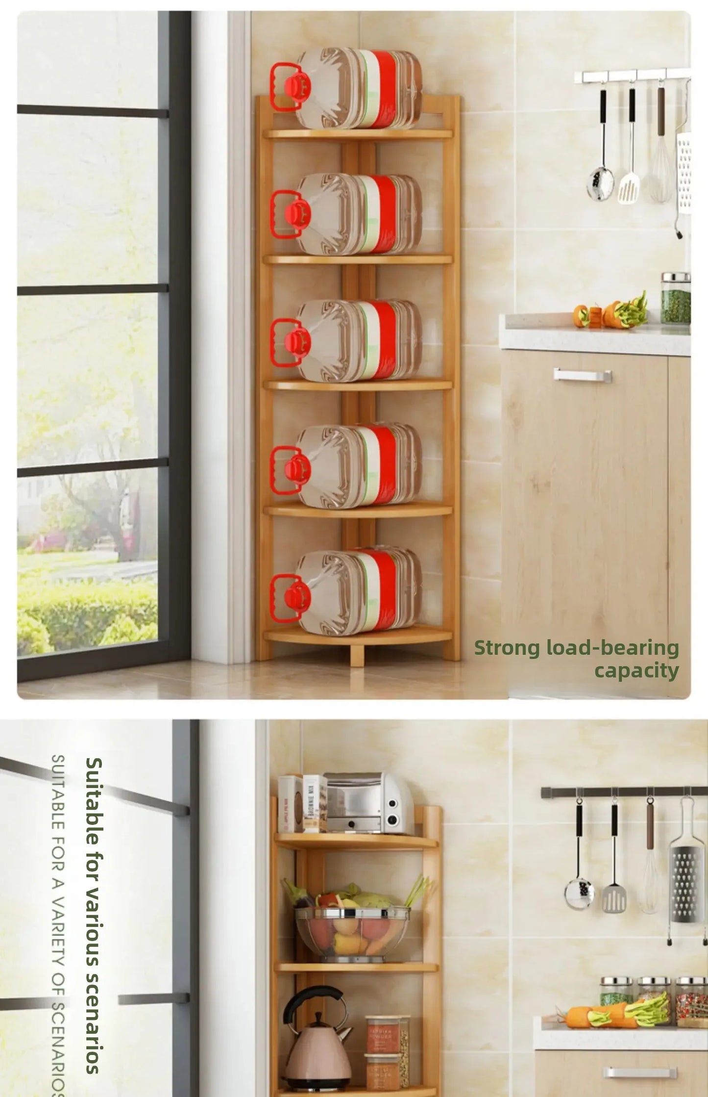 Kitchen Corner Bamboo Rack, Multi-Tier Storage Organizer, Freestanding Bookshelf for Cooking Utensils or Pantry Supplies