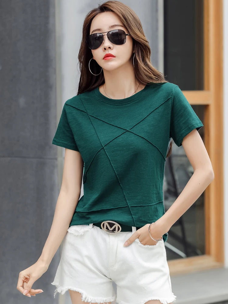 Fashion Spring Summer Slim Bamboo Cotton T-Shirts Women O-Neck Short Sleeve Korean Ribbed T Shirt Female Casual Solid Tops