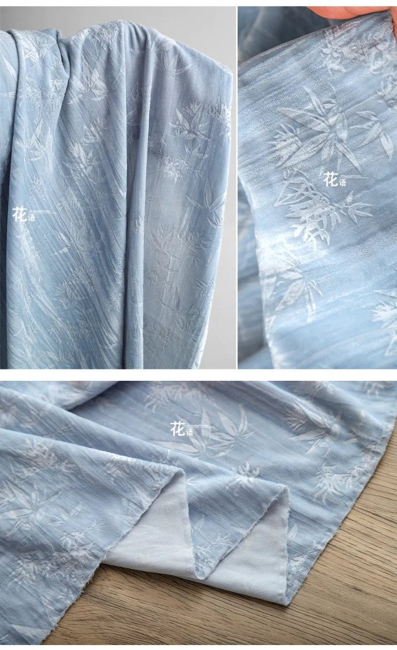 Blue bamboo forest, velvet embossed polyester jacquard cloth, pleated relief Chinese style cheongsam clothing designer fabric