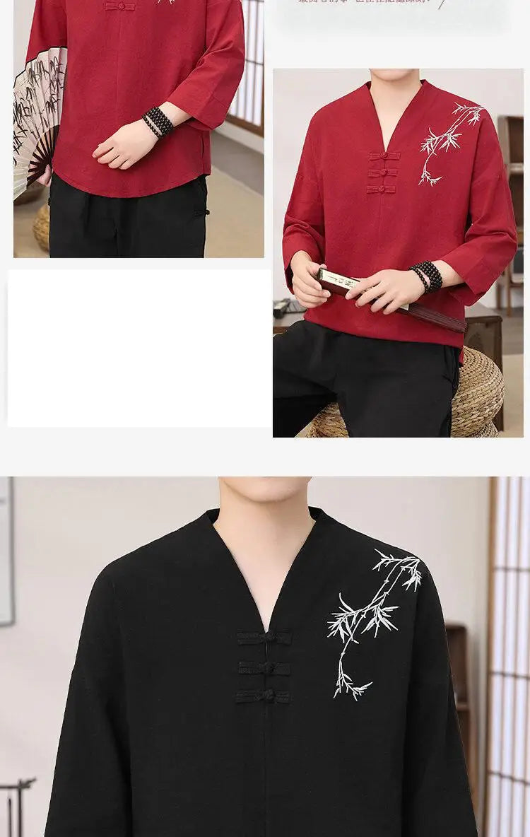 Men's Stylish Loose-Fit Bamboo Leaf Embroidered Zen Robe Traditional Chinese Kung Fu Meditation Breathable Elegant Clothing