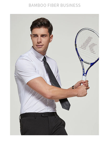 Bamboo Fiber Men Short Stretch Solid Dress Shirts Regular Fit Formal Business Social Camisas Short Sleeve Bamboo Fiber