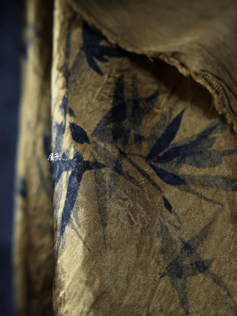 Bamboo Leaf Acetate Silk Printed Fabric New Chinese Fashion High Quality Vertical Womens Dresses Hanfu Pants DIY Design Cloth