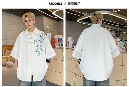 Bamboo Embroidery Shirts Men Summer Male Handsome Chic Fashion Ins High Street Half-sleeve Cool Casual Baggy New Shirt 5XL-M