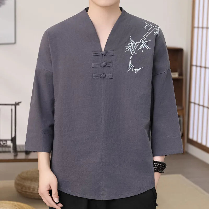 Men's Stylish Loose-Fit Bamboo Leaf Embroidered Zen Robe Traditional Chinese Kung Fu Meditation Breathable Elegant Clothing