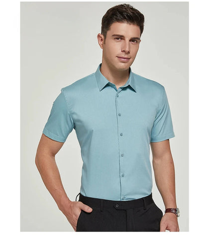 Bamboo Fiber Men Short Stretch Solid Dress Shirts Regular Fit Formal Business Social Camisas Short Sleeve Bamboo Fiber