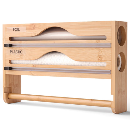 Bamboo 4-in-1 Wall Mount Foil & Plastic Wrap Organizer with Cutter - Kitchen Storage Solution for Wax Paper.