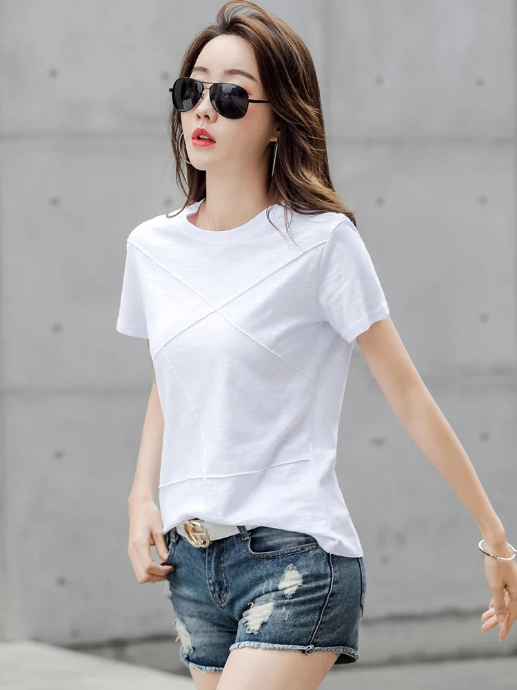 Fashion Spring Summer Slim Bamboo Cotton T-Shirts Women O-Neck Short Sleeve Korean Ribbed T Shirt Female Casual Solid Tops