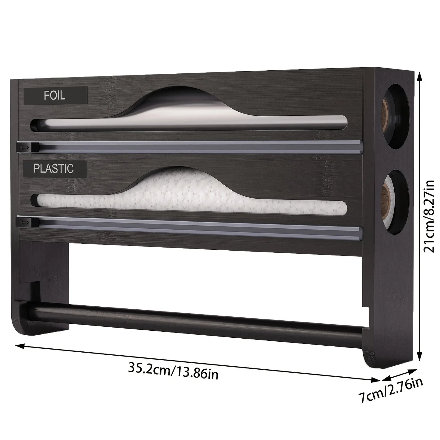 Bamboo 4-in-1 Wall Mount Foil & Plastic Wrap Organizer with Cutter - Kitchen Storage Solution for Wax Paper.