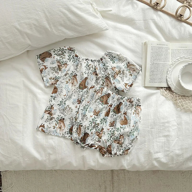 Summer Bamboo Cotton Breathable Kids Girls 2pcs Suit Full Print Cartoon Print T-shirt and Shorts Cool Girls Sets Clothing