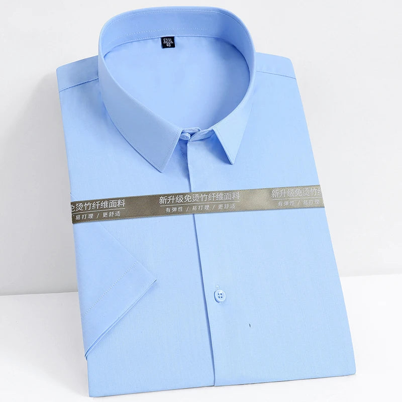 Bamboo Fiber Men Short Stretch Solid Dress Shirts Regular Fit Formal Business Social Camisas Short Sleeve Bamboo Fiber