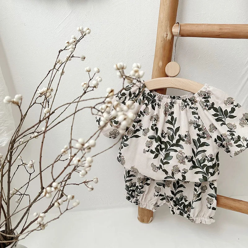 Summer Bamboo Cotton Breathable Kids Girls 2pcs Suit Full Print Cartoon Print T-shirt and Shorts Cool Girls Sets Clothing