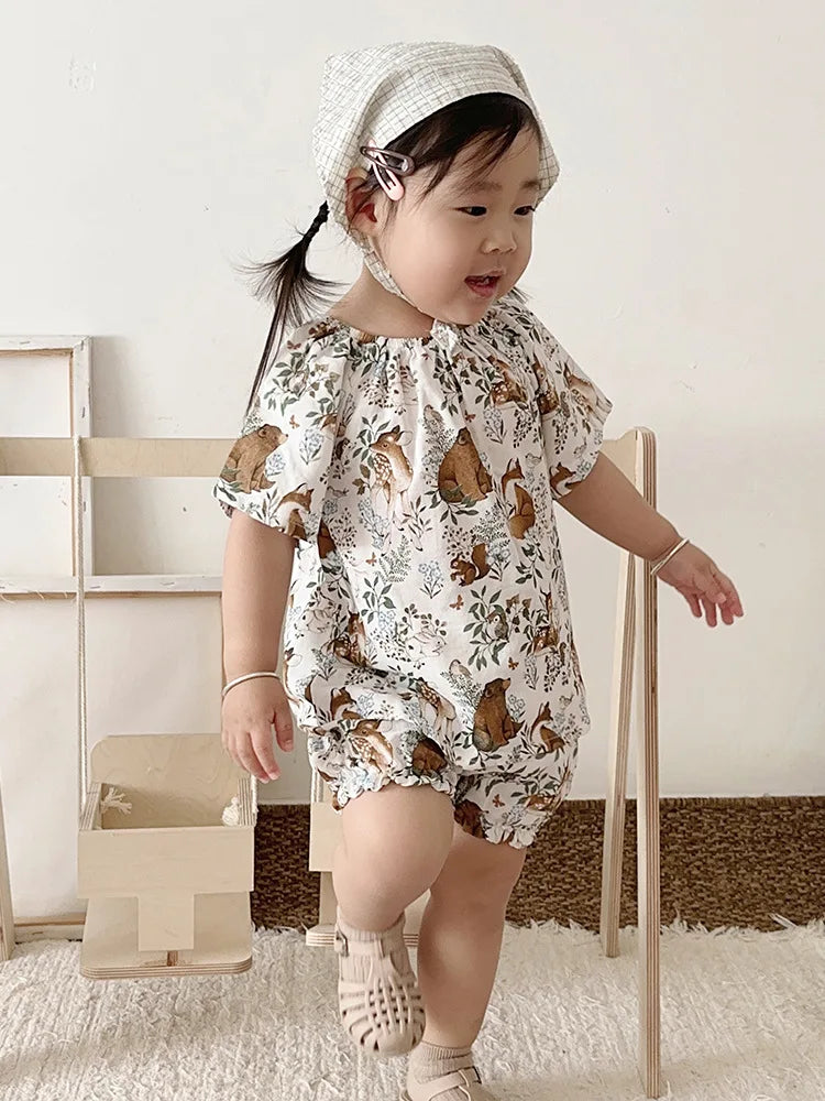 Summer Bamboo Cotton Breathable Kids Girls 2pcs Suit Full Print Cartoon Print T-shirt and Shorts Cool Girls Sets Clothing